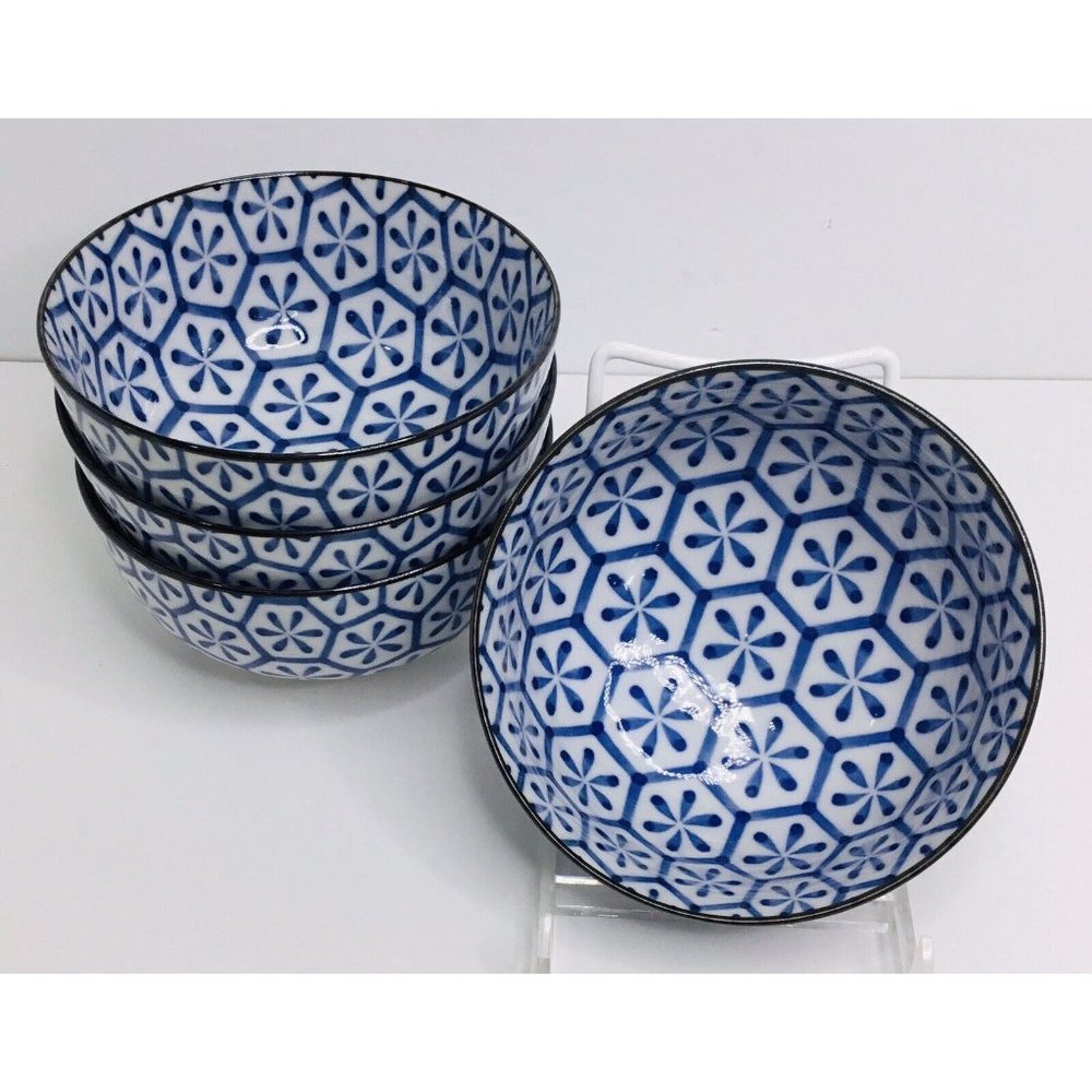 4 Japanese Porcelain Rice Bowls ~ Soup Bowls Blue Made in Japan